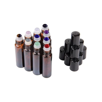 

10pcs 10ml Amber Glass Gemstone Roller Bottle for Essential Oil Amber Brown Roll On Bottles Aromatherapy Crystall Perfume Tube