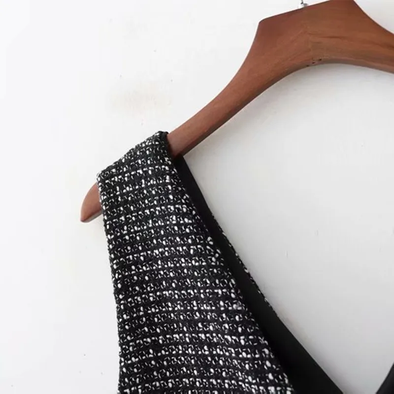 NSZ women tweed dress checked sleeveless v neck double breasted houndstooth mini dress autumn winter plaid short dress