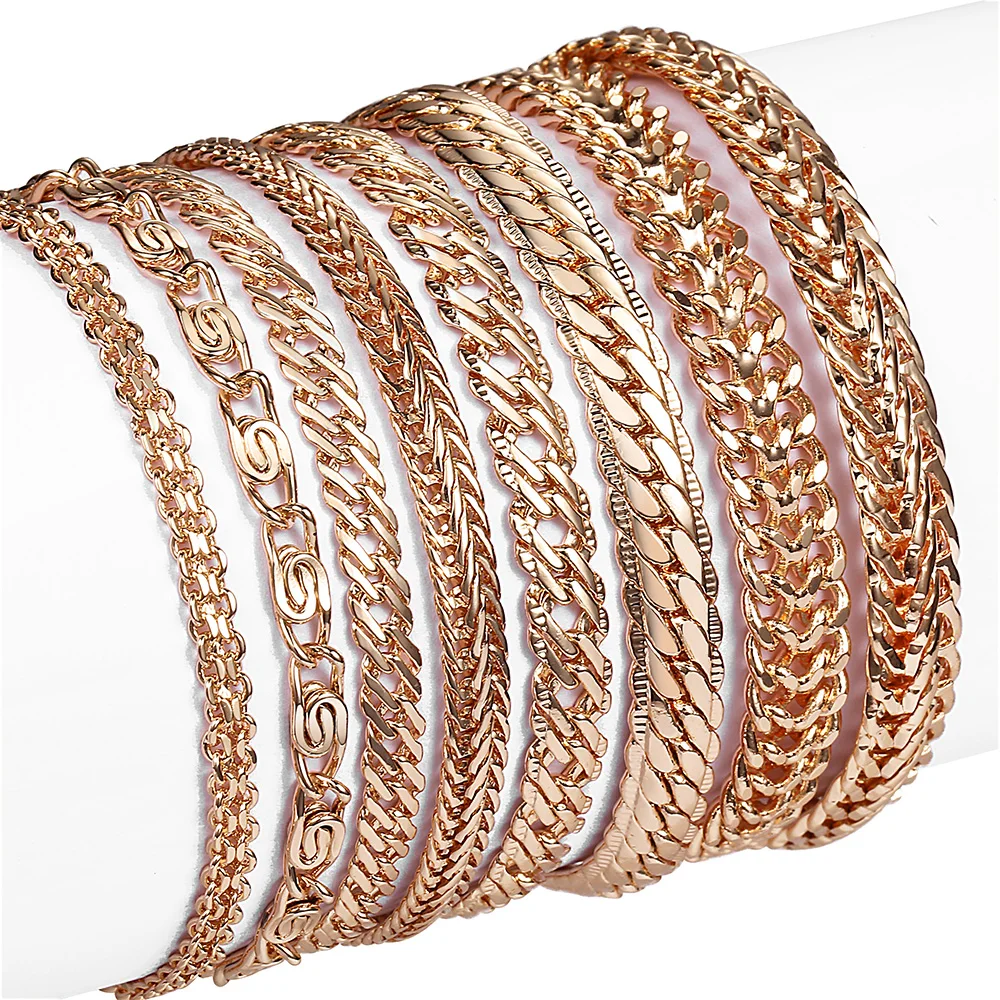 Chain bracelet 21 Styles 585 Rose Gold Color Bracelet for Women Men Girl Snail Curb/Weaving Link Foxtail Hammered Bismark Bead Chains 20cm