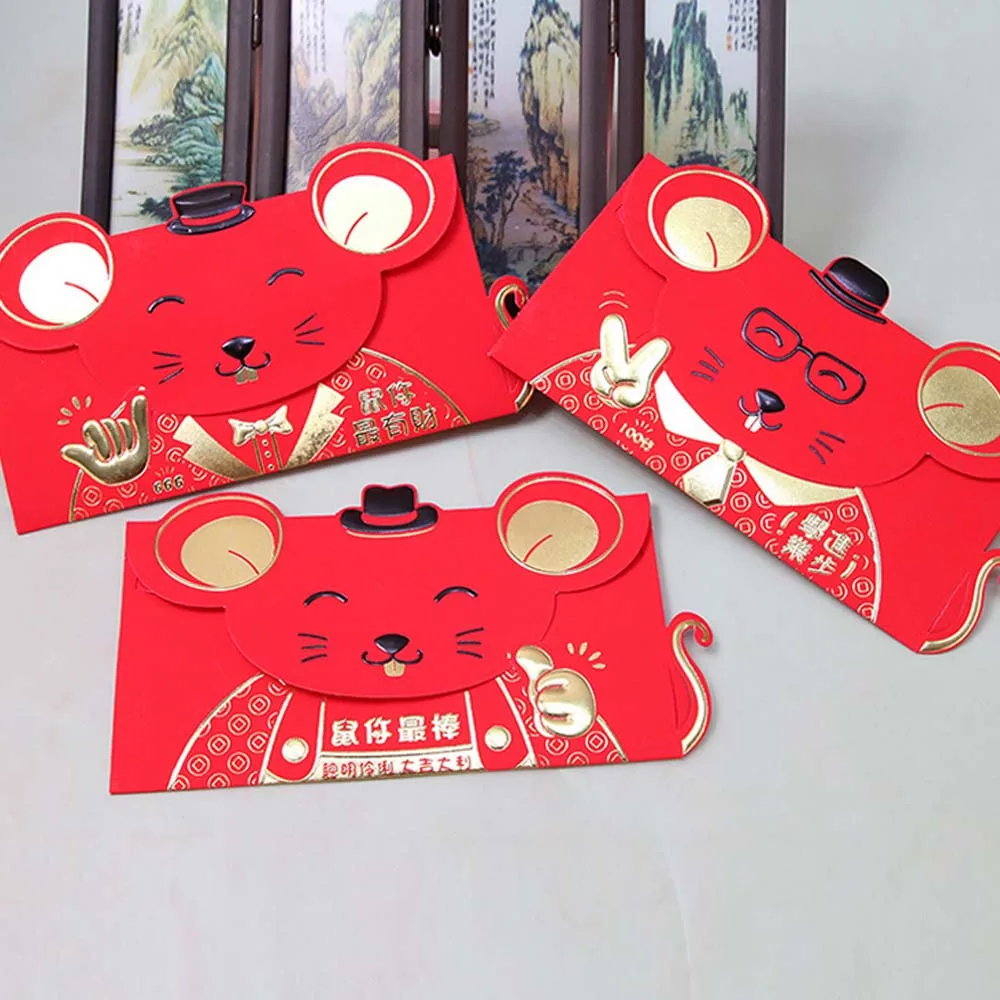 Besegad 6 шт китайские красные конверты год крысы Hong Bao счастливые деньги пакеты на Лунный год, праздник весны случайный стиль