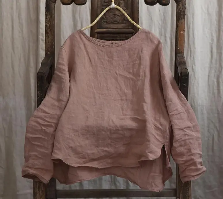 old pink Женская футболка, хлопок, лен, модная, весна-осень, длинный рукав, свободный, нестандартный, Круглый ворот, Ретро стиль, повседневные, женские, базовые Топы - Цвет: old pink