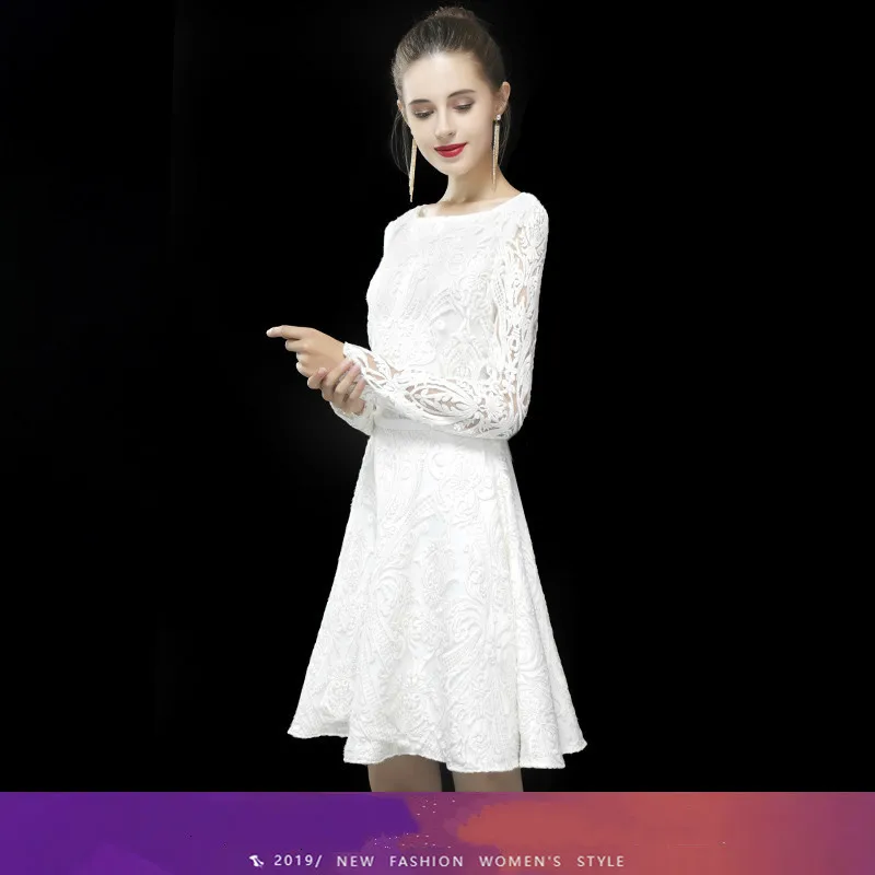 BGW белое кружевное Vestito Da Cocktail Donna Sccop коктейльное мини-платье трапециевидной формы с длинными рукавами и застежкой-молнией на спине