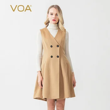 

VOA Pure Cashmere 14.75 Micron V-neck Double Breasted Sleeveless Waist Hugging Back Slit Winter Warm Cashmere Dress SA950