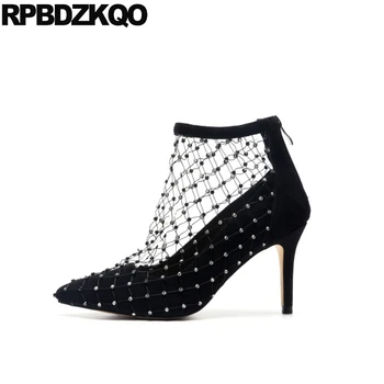 

Designer Shoes Women Luxury 2019 Summer Wedding High Heel Bridal Diamond Stiletto Booties Pointed Toe Black Sandals Mesh Boots