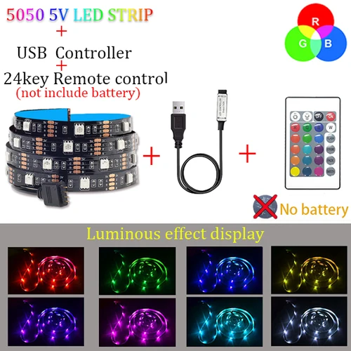 3AA 배터리 방수 LED 스트립 조명, 유연한 RGB 5V 조명, 원격 컨트롤러 리본 램프, 배경 조명, 야간 조명 7