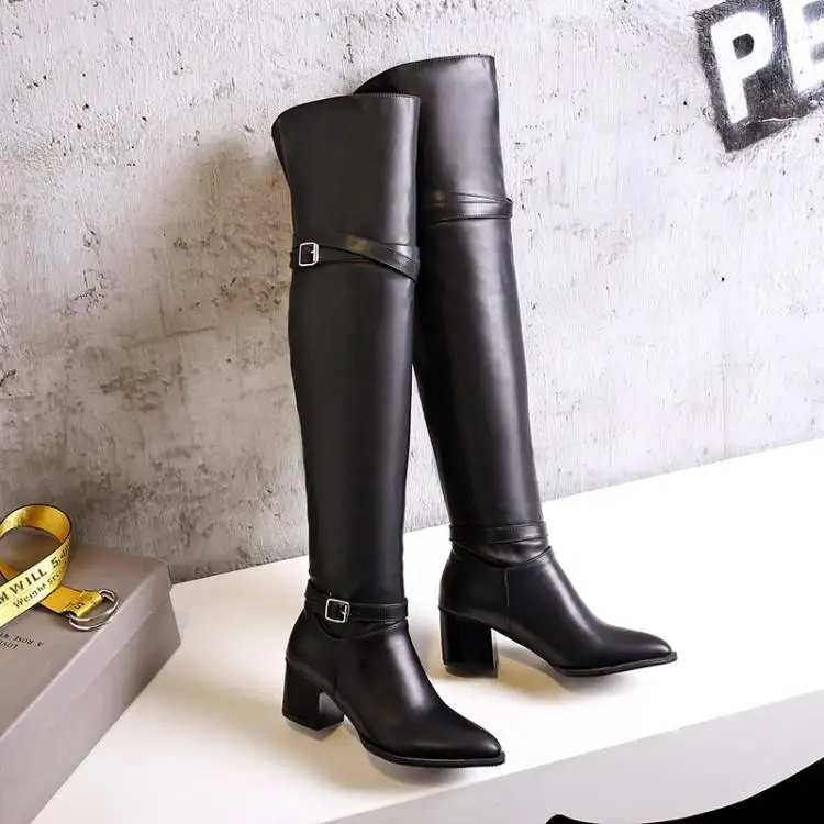 

2019 Winter Women Boots In Stock Faux Fur Warm Boots Pointed Toe Over-the-Knee Slip-On Hoof Heels Fashion Women Shoes Size 33-45