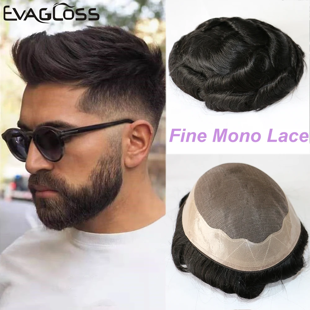 

Stock Human Hair Toupee For Men Mono Lace with NPU Around Male Wig Durable Hairpieces Wig Man Replacement Indian Hair System