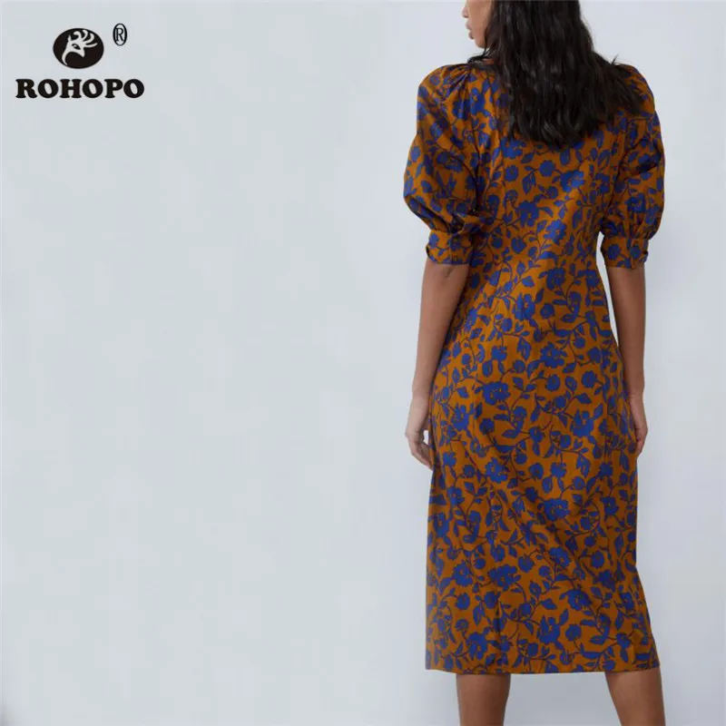 ROHOPO/оранжевое платье миди с цветочным принтом «Morning glory» и пышными рукавами, на пуговицах, с квадратным воротником, с высокой талией, с принтом, Vestido#2267