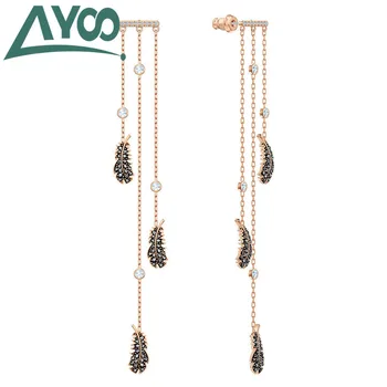 

AYOO High Quality SWA New Openwork Earrings Feather Pattern Tassel Black Crystal Female Earrings