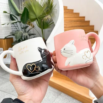 

420ML 3D Embossed Cat Ceramic Cup Creative Cartoon Mug Restaurant Dessert Small Fresh Milk Tea Coffee Cup Cute Cup Cups and Mugs