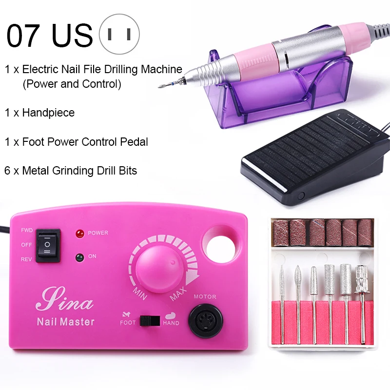Профессиональная электрическая дрель для маникюра, набор станков для маникюра 30000/35000 об/мин, фрезер для педикюра, пилочка для ногтей, набор инструментов для маникюра - Цвет: 7 Pink-US Plug