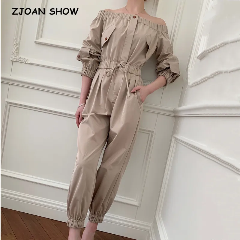2021 Autumn Safari Elastic Off Shoulder Women Jumpsuits Long Sleeve Adjustabel Rope Waist Bodysuits Pants Romper Playsuits |