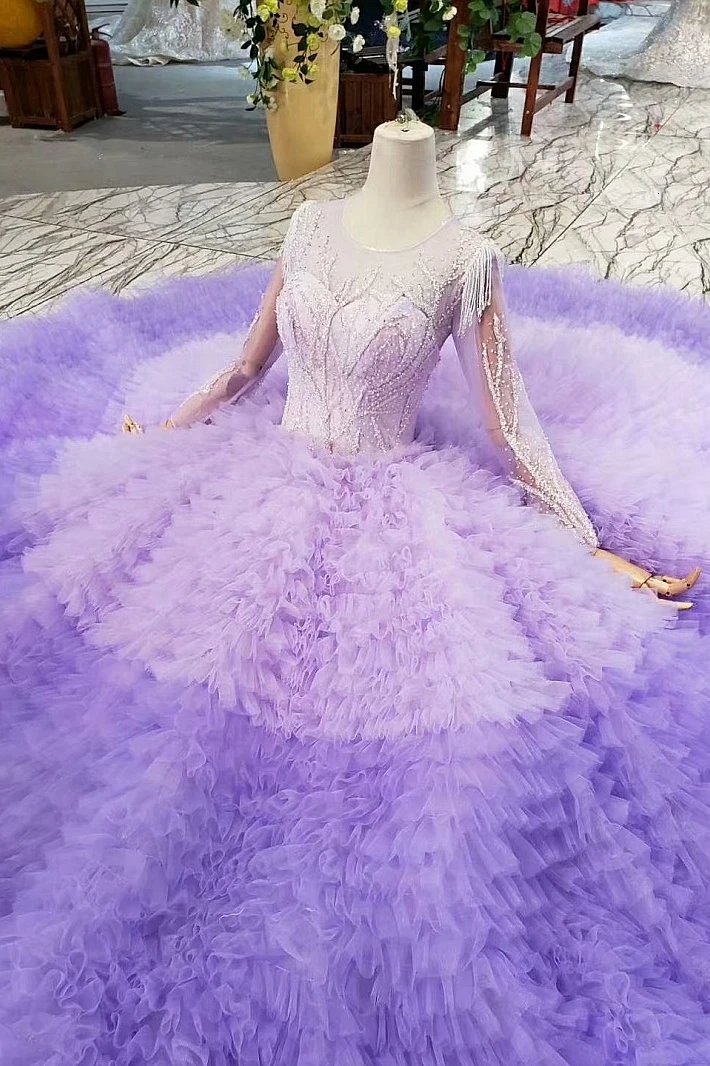 BacklakeGirls/Новинка года; бальное платье с круглым вырезом и длинными рукавами; фиолетовое Тюлевое Многоуровневое свадебное платье; кружевное платье с открытой спиной