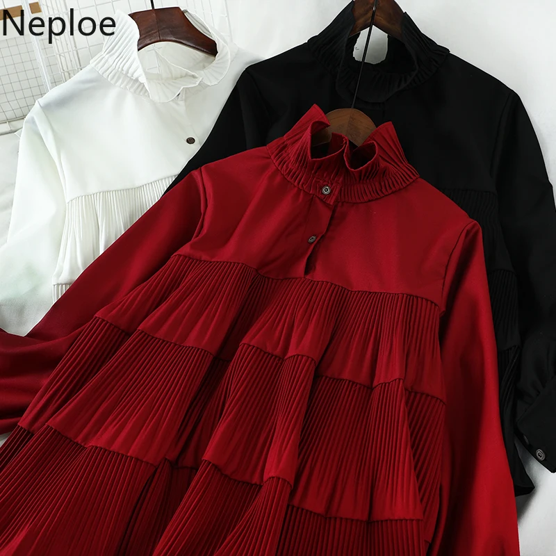 Neploe Pleated Ruffle Women Doll Shirt Korean Buttons Stand Neck Long Sleeve Pullover Blouse 2021 Spring Solid Blusas 1A424 | Женская