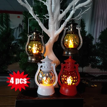 

4 pcs/Set Warm Light Storm Lantern Christmas Pattern Small Led Lamp Decoration Laser Snowflake Santa Claus Pony Xmas Pendant
