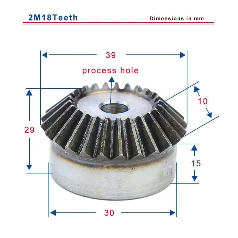 

2M18 teeth bevel gear outer diameter 39 mm total height 29 mm process hole low carbon steel material gear