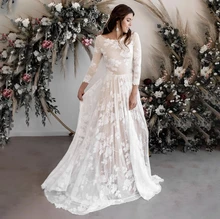

Wedding Dress A-Line O-Neck Full Sleeve Lace Appliques Backless Tulle Floor Length Sweep Train Gorgeous Bride Gowns 2021