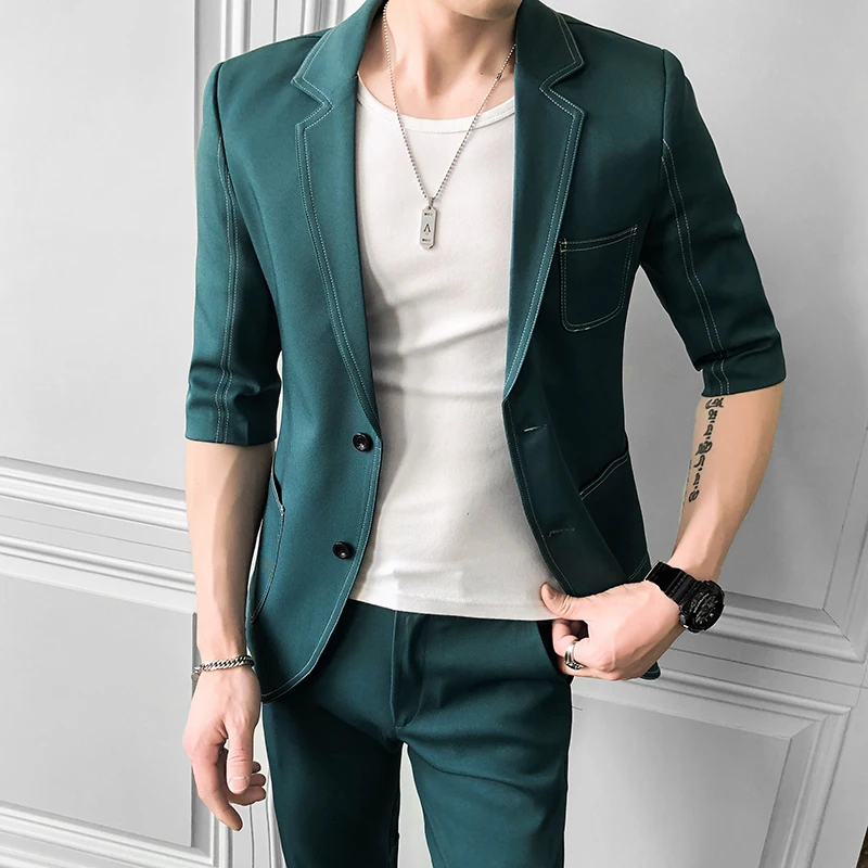 

Summer Men's Half Sleeve Blazer Jacket Pants Suit 2pcs Slim Fit Casual Plain Set L33