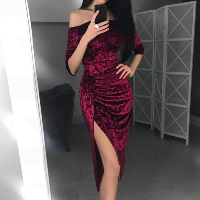 Модное женское бархатное платье с открытыми плечами и длинным рукавом
