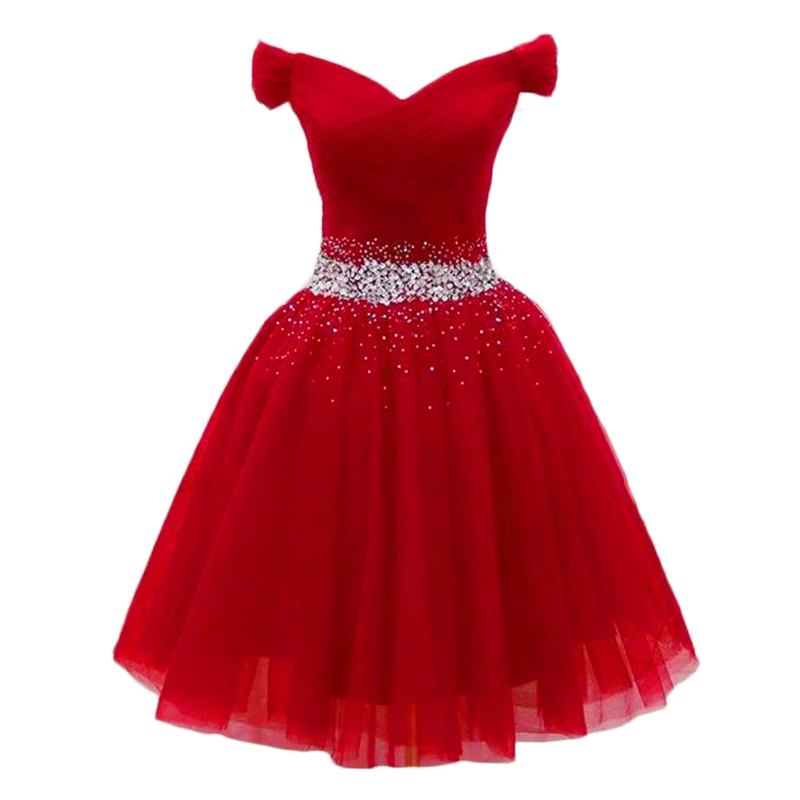 ANGELSBRIDEP элегантное платье для выпускного вечера с бисером и открытыми плечами, короткое бордовое вечернее платье трапециевидной формы из тюля, vestido de festa - Цвет: Красный