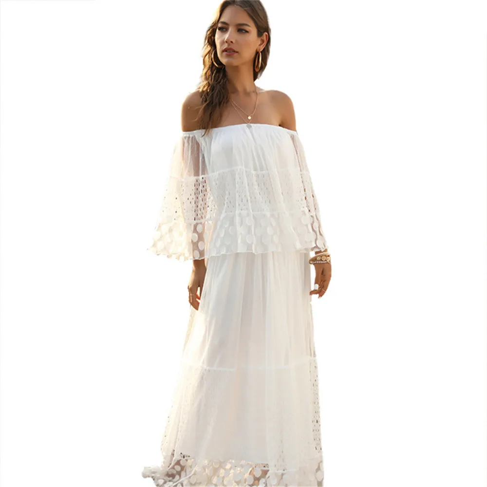 

Solid White One-shoulder Maxi Dress Strapless Pleated Sexy Beach Dresses Lace Patchwork Hollow-out Women Summer Long Dress