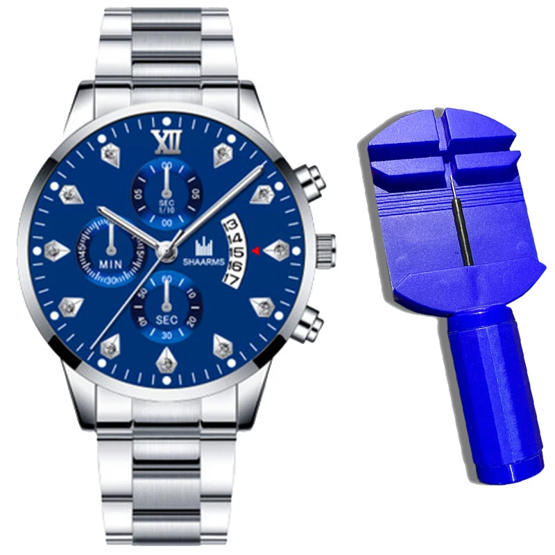2021 Luxury Brand SHAARMS Alloy Strap Men's Watch Diamond Waterproof Quartz Watch for Men's Analog Three-eye Calendar Male Clock