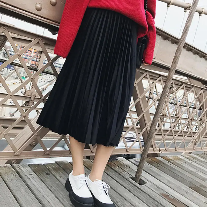 Винтажные юбки с высокой талией, Женская плиссированная юбка, металлическая Корейская стильная модная летняя юбка, повседневная юбка средней длины размера плюс XXXL - Цвет: Black