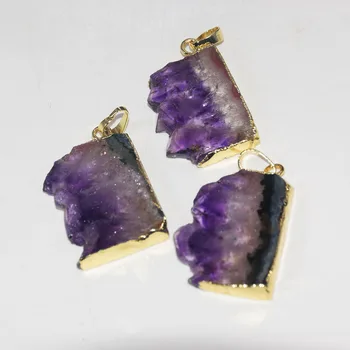 

Gold Bezel Natural Jewelry Slice Geode Druzy stone pendant femme 2020 Raw Purple Crystal Quartz rectangle charms pendant women