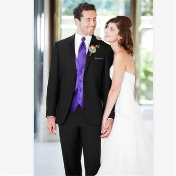 

New Classic Men’s Suit Smolking Noivo Terno Slim Fit Easculino Evening Suits For Men Tuxedos Black Jacket with Purple Vest Custo