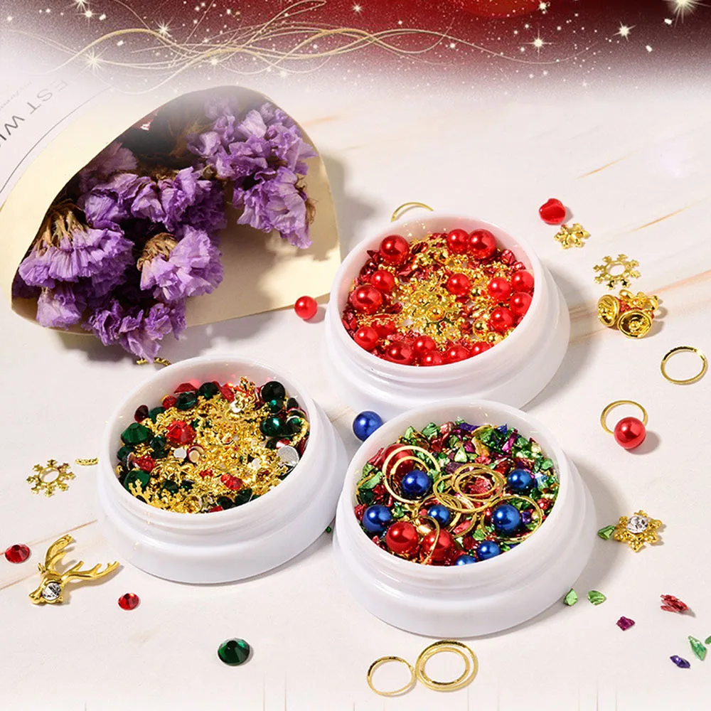 BQAN 1 Box Christmas Nail Art Rhinestones Sequins with 1 Pc Alloy Decor Christmas Tree Christmas Elk Christmas Snowman Nail Tool