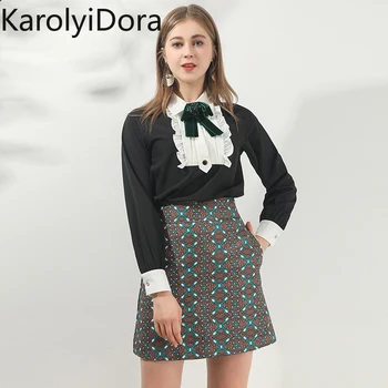 

Women Suits 2020 Summer New Women 2 Pieces Pretty Sets High Quality Fashion Black Bow Shirts +Skirts Female Slim Suits