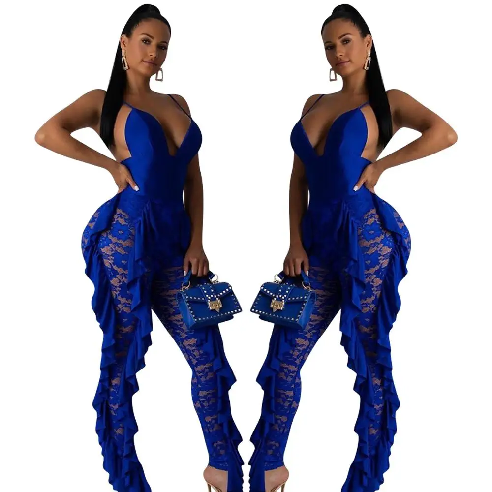 

Lemon Gina 2019 women new Lace Patchwork Double Side Ruffles Strapless Bandage Sexy See-Through Romper Y8113