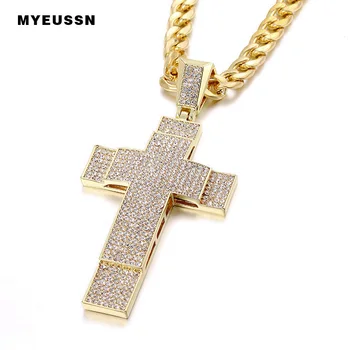 

Bling Bling Double Wide Border Cross Necklace Men Iced Out Long Cuban Link Chain Pendants Zinc Alloy Charms Hip Hop Jewelry