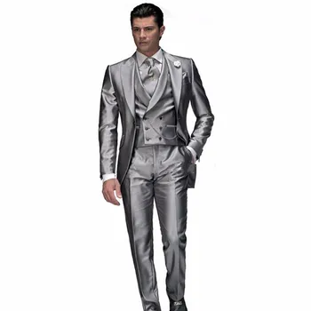 

New Classic Men’s Suit Smolking Noivo Terno Slim Fit Easculino Evening Suits For Men Silver Tailcoat Groom Tuxedo