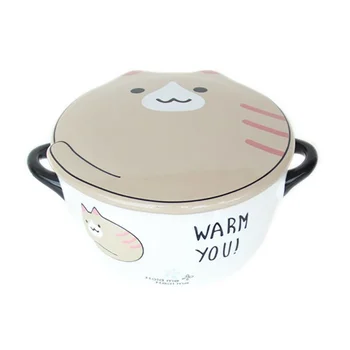

Household Portable Ceramics Cute Cartoon Pattern With Cover Round Anti-slip Instant Noodles Lunch Box Bowl