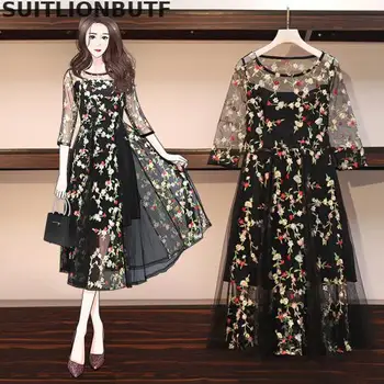 

Perfect Quality 2020 Summer Plus Size Women Dress Floral Embroidery Mujer Elegant Ladies Party Dress Vintage Sexy Lady Vestidos