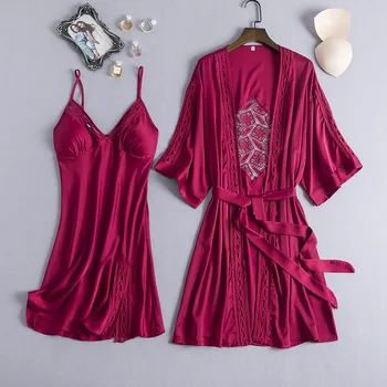 

Nighties Gown Set Women 2PCS Nightshirts V-Neck Cami Pajamas Sleepwear Sleep Bathrobe Lady Wear Home Suit Nightgown Spring Robe