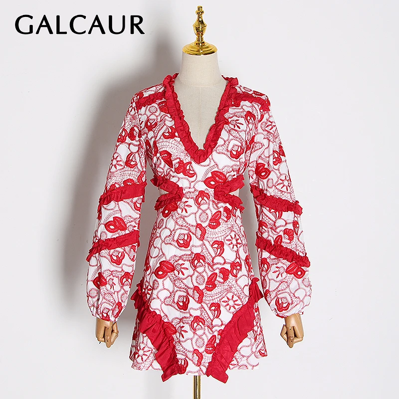 

GALCAUR Print Hollow Out Dress V Neck Long Sleeve High Waist Patchwork Ruffle Dresses Female 2020 Summer Fashion New