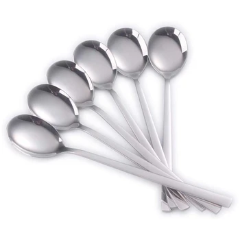 

304 Stainless Steel Spoon Spoon Round Spoon Long Handle Student Rice Spoon Household Tableware (6Pcs)