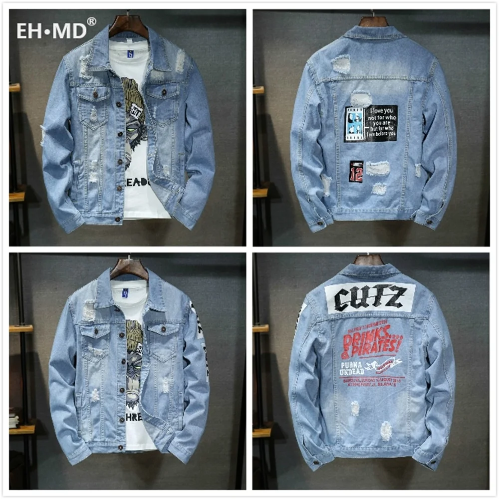 EH·MD® Embroidered Patchwork Denim Jacket Slim Fit Slim Cotton Line Print Light Blue Shirt Pocket Decoration Wild Youth Scratch аэрозольная краска molotow premium belton 400 мл 101 wild wane blue