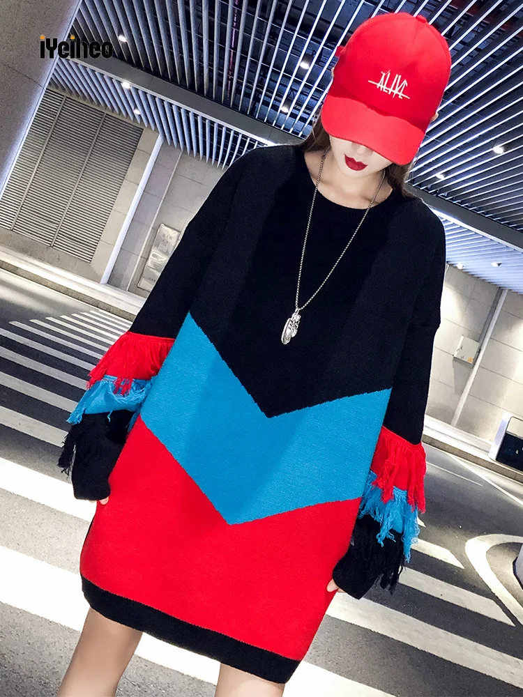 

New Sweater Dress Pullover Women Autumn and Winter 2019 Fashion Contrast Color Loose Basic Knit Sweater Dress