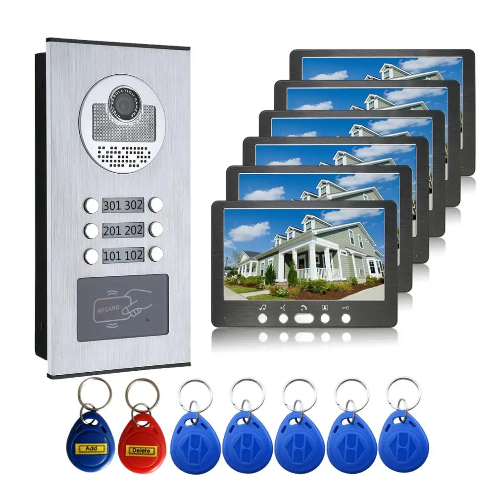 

RFID Access Unlock Door Intercom 7 Inch LCD Video Door Phone Visual Intercom Waterproof Doorbell Camera System For 6 Apartment