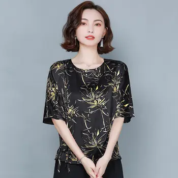 

2020 New Summer Heavy Silk Satin Lace Short Sleeve Blouse Printed Mulberry Silk Temperament Korean Top