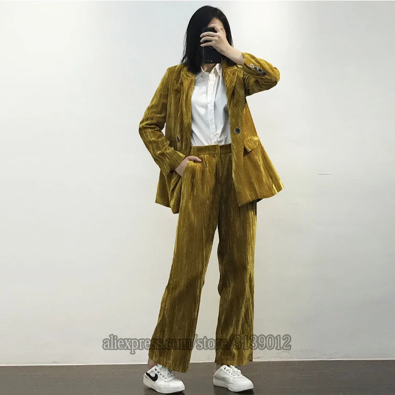 Winter Velvet Suit Pant Suits For Women Blazer Set Garnitur Damski Traje Mujer Costume Tailleur Femme Pantalon Et Veste Elegant