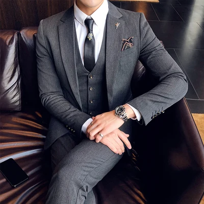 

2020 Suit Suit Male Groom Wedding Dress Men's Slim Korean Version Of The Four Seasons Youth British Wind Striped Small Suit