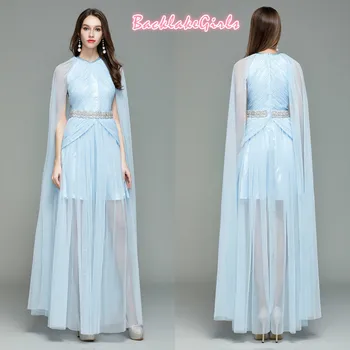 

BGW Round Neck Long Split Joint Sleeves Straight Tulle Illusion Evening Dresses Zipper Back With Crystal Sashes 2019