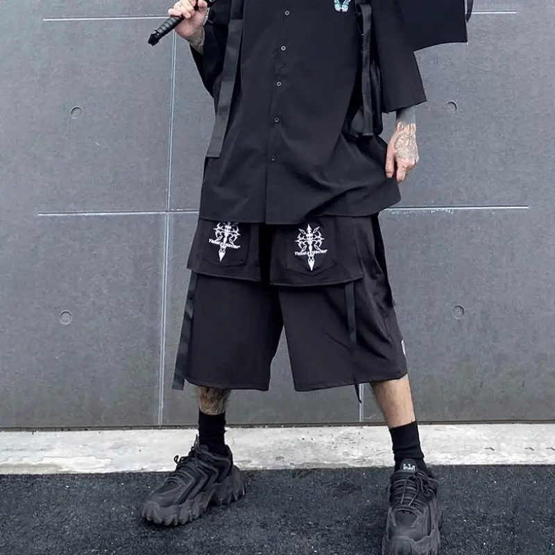 Embroidery Layered Two Piece Oversize Cargo Short Mens High Street WIde Leg Solid Loose Casual Summer Knee Length Pants | Мужская одежда