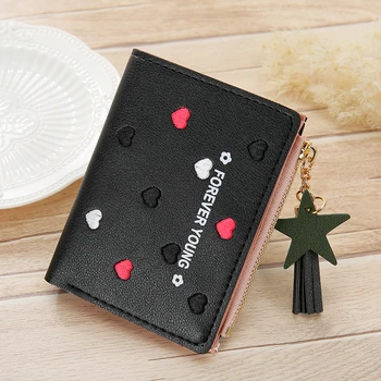 

New Women's Short Zipper Wallets Korean Version Embroidered Line Love Heart Tassel Leather Coin Purse Card Packet Cartera Mujer