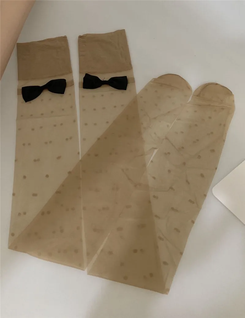 Women Fashion Sexy Stockings Stretch Bow Thigh High Socks Over Knee Female Long Knee Sock Dot Patterned Transparent Silk - Color: Khaki