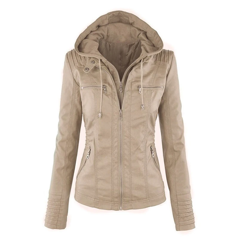 Baratos Chaqueta gótica de cuero de imitación para mujer con capucha chaqueta de motocicleta de invierno otoño chaqueta negra de cuero de imitación PU chaqueta 2019 caliente